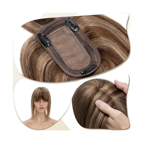 Haartopper für Frauen Damen-Topper, Mittelteil, Haaraufsätze mit Pony, glattes Haar, Perücken, natürliches indisches Echthaar, 7 x 12,5 cm, Topper auf Seidenbasis, Clip-in-Haarverlängerung Haarteil To von FUHAI-666