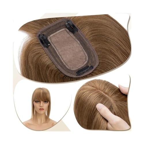 Haartopper für Frauen Damen-Topper, Mittelteil, Haaraufsätze mit Pony, glattes Haar, Perücken, natürliches indisches Echthaar, 7 x 12,5 cm, Topper auf Seidenbasis, Clip-in-Haarverlängerung Haarteil To von FUHAI-666