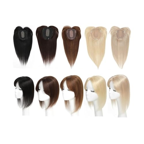 Haartopper für Frauen Glatter Haaraufsatz for Frauen mit Haarausfall, Clip-in-Topper-Haarteil mit Pony, natürliches Remy-Haar, 12 x 13 cm, Spitzenbasis-Haaraufsatz mit Pony Haarteil Topper Toupet Frau von FUHAI-666