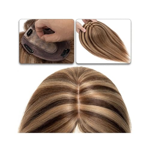 Haartopper für Frauen Haaraufsätze for Frauen, 15,2–45,7 cm, Mittelteil, Echthaaraufsatz, Haarteil, 10 x 12 cm, Seidenbasis mit 4 Clips, glatter Haaraufsatz for dünner werdendes Haar, Haarausfall Haar von FUHAI-666