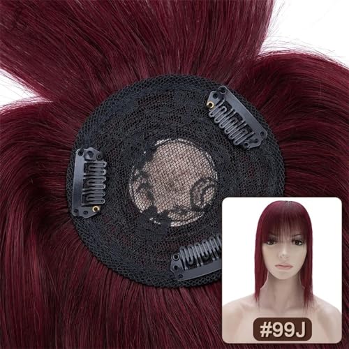 Haartopper für Frauen Haaraufsätze for Frauen mit dünner werdendem Haar, glatter Echthaaraufsatz mit Pony, 8,5 x 8,5 cm, weiche, atmungsaktive indische Haarteile mit 3 Clips Haarteil Topper Toupet Fra von FUHAI-666