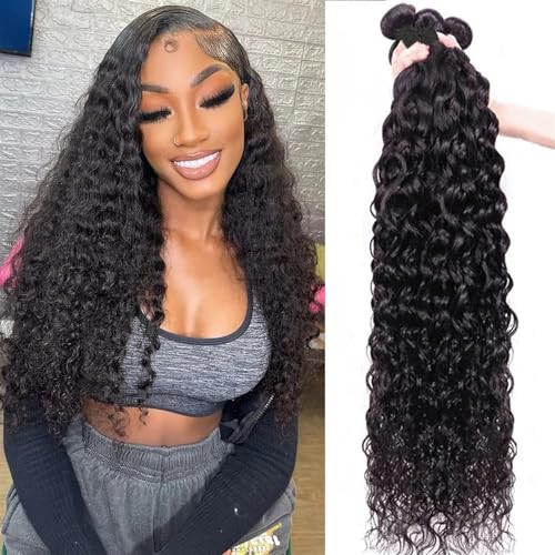 Human Hair Bundles Wasserwellen-Menschenhaar-Bündel, gelockt, tief gewellt, brasilianisches Echthaar, Remy-Haar, 100% Echthaar, natürlich, natürlich schwarz, for schwarze Frauen human hair weave (Co von FUHAI-666