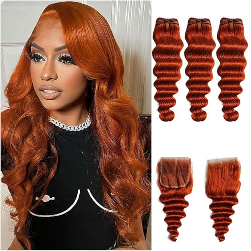 #350 Bundles Ombre Loose Deep Wave Echthaar Bundles Orange Curly Wave 3Bundles Brasilianisches 4X4 Free Part Lace Verschluss für schwarze Frauen (14 16 18 14) Zoll,20 22 24+20 inch von FUIBEJAE
