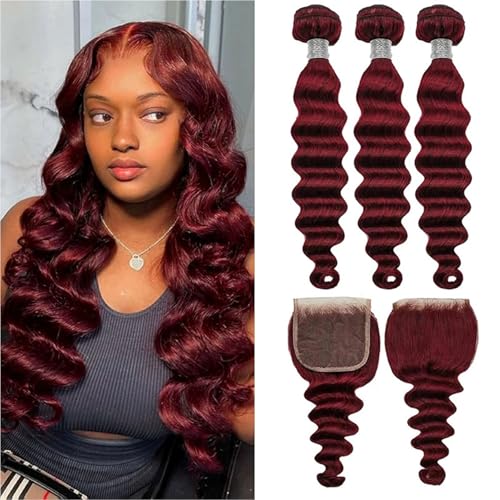99J Bundles Ombre Loose Deep Wave Echthaar Bundles Wine Red Curly Wave 3Bundles Brasilianisches und 4X4 Free Part Lace Verschluss für Schwarze Frauen (12 14 16 12) Zoll,20 22 24+20 inch von FUIBEJAE
