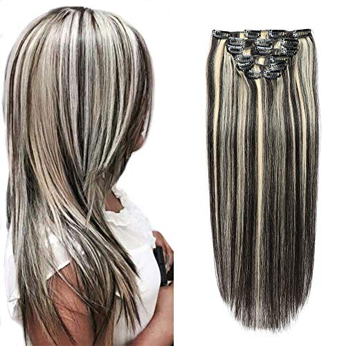 Clip in Haarverlängerungen Silky Straight Schuss Remy Haarfarbe Doppelschuss Echthaar Clip On für Frauen und Mädchen Vollkopf 8 Stück, 17 Clips,14inch (35cm) 100g von FUIBEJAE