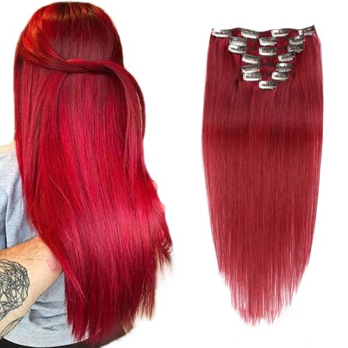Clip in Haarverlängerungen für Frauen, Burgund gerade nahtlose Clip in Extensions Menschenhaar, 8 Stück Set 20 Clips echtes Menschenhaar,24inch (60cm) von FUIBEJAE