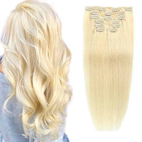 Clip in Haarverlängerungen für Frauen, gerade nahtlose Clip in Extensions Echthaar, 7 Stück Set 16 Clips echtes Menschenhaar, # 60,16inch (40cm) von FUIBEJAE