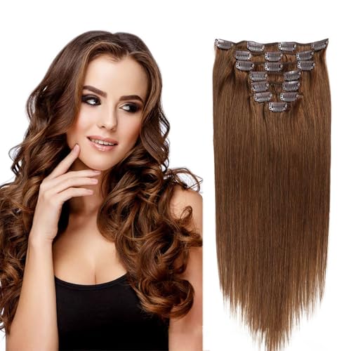 Clip in Haarverlängerungen für Frauen, gerade nahtlose Clip in Extensions Echthaar, 8 Stück Set 20 Clips echtes Menschenhaar, # 6,24inch (60cm) von FUIBEJAE