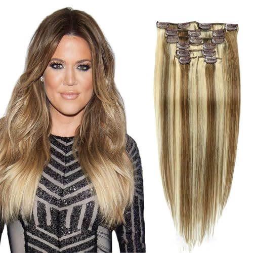 Clip in Haarverlängerungen für Frauen, gerade nahtlose Clip in Extensions Menschenhaar, 7 Stück Set echtes Menschenhaar, # 8/613,24inch (60cm) von FUIBEJAE