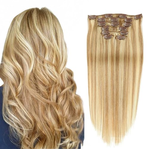 Clip in Haarverlängerungen für Frauen, gerade nahtlose Clip in Extensions Menschenhaar, 7 Stück Set echtes Menschenhaar #27/613,22inch (55cm) 100g von FUIBEJAE