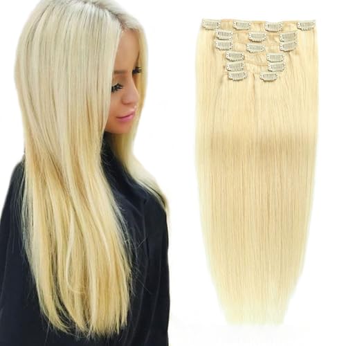 Clip-in-Haarverlängerungen für Frauen, gerade nahtlose Clip-in-Verlängerungen Echthaar keine Knoten und kein Haarausfall 7-teiliges Set 16 Clips echtes Echthaar,24inch (60cm) von FUIBEJAE