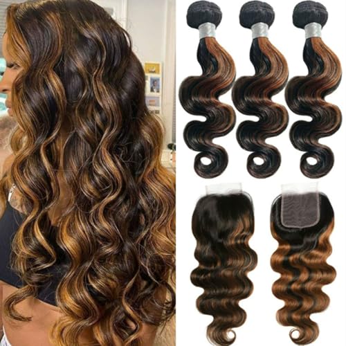 FUIBEJAE 1B/30 Bundles Ombre Loose Deep Wave Echthaar Bundles Curly Wave 3Bundles Brasilianisches Echthaar und 4X4 Free Part Lace Verschluss für schwarze Frauen,14 16 18+14 inch von FUIBEJAE