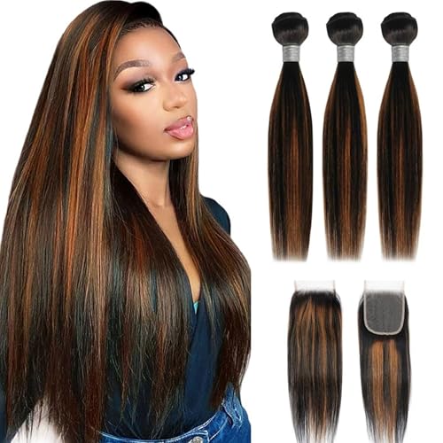 FUIBEJAE #1b/30 Bundles Ombre Loose Deep Straight Echthaar Bundles Braun Und Schwarz Gerade 3Bundles Brazilian Remy Hair 4X4 Free Part Lace Verschluss für Schwarze Frauen,12 14 16+12 inch von FUIBEJAE