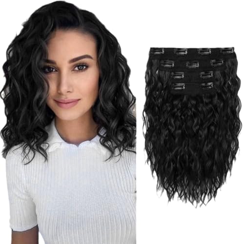 FUIBEJAE 4Pcs 12Inch Clip In Haarverlängerungen Wasser Ripple Wellige Haarperücken Weiches lockiges Haarstück für Frauen Lockige Haarverlängerungen für die tägliche Party Cosplay Perücke,1b# von FUIBEJAE