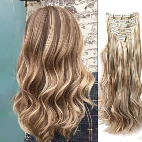 FUIBEJAE 7 STÜCKE Clip In Haarverlängerungen Lange Wellige Haarperücken Weiches lockiges Haarteil für Frauen Lockige Haarverlängerungen für die tägliche Party Cosplay Perücke,6h613 22 inch von FUIBEJAE