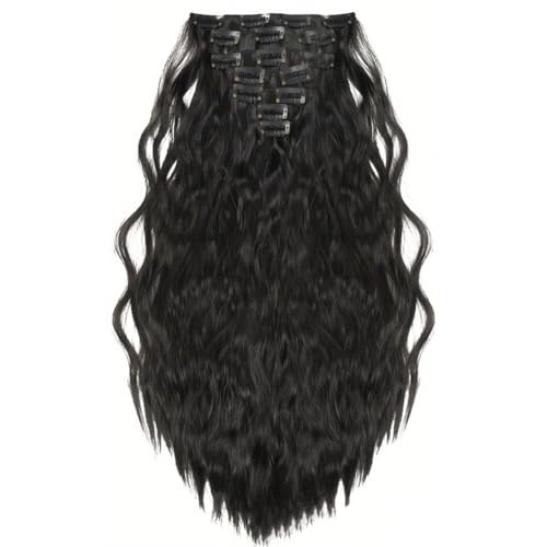 FUIBEJAE 7 STÜCKE Clip In Haarverlängerungen Wasser Ripple Wellige Haarperücken Weiches lockiges Haarstück für Frauen Lockige Haarverlängerungen für die tägliche Party Cosplay Perücke,1b 18inch von FUIBEJAE