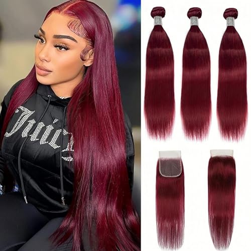 FUIBEJAE #99J Straight Bone Echthaar Bundles Lose Deep Wine Red Straight 3Bundles Brazilian Remy Hair 4X4 Free Part Lace Closure für schwarze Frauen,22 24 26 +20 inch von FUIBEJAE