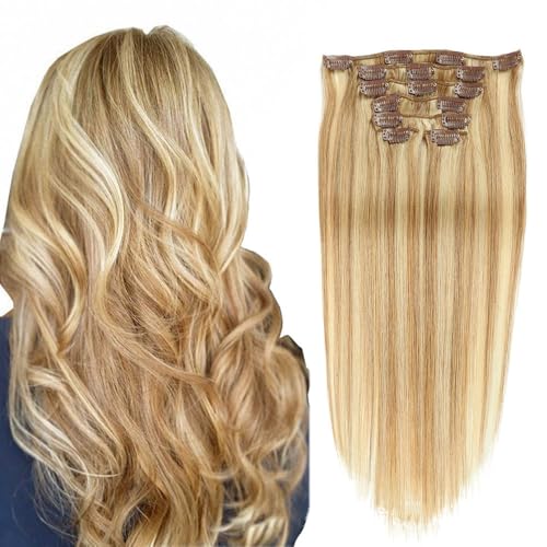 FUIBEJAE Braune blonde Haarverlängerungen 7 Stück 16 Clips Spitze Schussfäden Clip in Haarverlängerungen Echthaar Clip auf dicke Haarverlängerungen für Frauen,22inch (55cm) 100g von FUIBEJAE