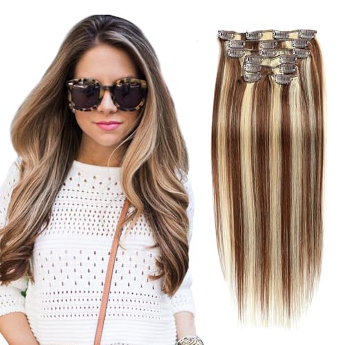 FUIBEJAE Clip in Echthaarverlängerungen Klavierfarbe mittellang gerade echte Remy Naturhaar Clip in Haarverlängerungen für Frauen täglichen Gebrauch, 8 Stück 17 Clips,22inch (55cm) 120g von FUIBEJAE