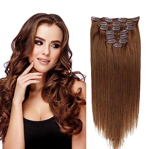 FUIBEJAE Clip in Haarverlängerungen echtes Menschenhaar für Frauen, dunkelbraune glatte glatte Remy Haarspange in nahtlosen Haarverlängerungen für den täglichen Gebrauch, 7 Stück 16 Clips,20inch von FUIBEJAE