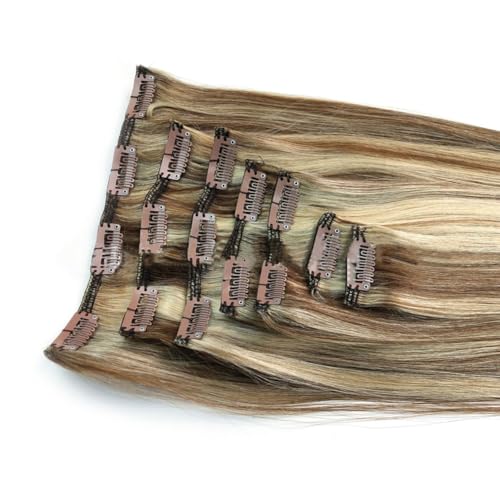 FUIBEJAE Clip-in-Haarverlängerungen für Frauen, #4/613 gemischte Farben gerade nahtlose Clip-in-Verlängerungen Menschenhaar, 7-teiliges Set 16 Clips, unsichtbare Tape-In-Haarteile,18inch (45cm) von FUIBEJAE