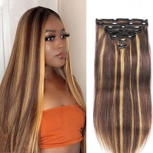 FUIBEJAE Clip-in-Haarverlängerungen für Frauen, Klavierfarbe gerade nahtlose Clip-in-Verlängerungen Echthaar, 8-teiliges Set 18 Clips, unsichtbare Tape-In-Haarteile für den täglichen,24inch(61cm) von FUIBEJAE