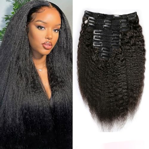 FUIBEJAE Clip-in-Haarverlängerungen für Frauen, schwarze verworrene gerade nahtlose Clip-in-Verlängerungen aus echtem Haar, 8-teiliges Set 18 Clips, unsichtbare Tape-In-Haarteile für,24inch(61cm) von FUIBEJAE