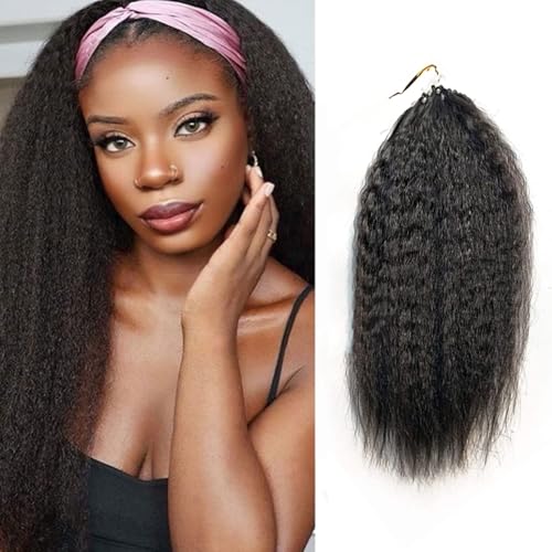 FUIBEJAE Micro Link Echthaarverlängerungen Schwarz Kinky Straight Micro Loop Ring Haarverlängerung Fischschnur Micro Bead Real Remy Haarverlängerung für Frauen, 100G 100 Strähnen,24inch von FUIBEJAE