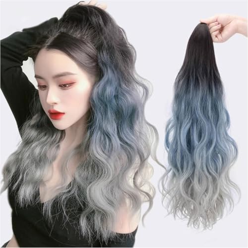 FUIBEJAE Mist Blue Grey Ponytail Extension 22" Claw Clip in Long Curly Water Ripple Wavy Ponytail Hair Extension Jaw Clip on Pony Tails Haarteil für Frauen von FUIBEJAE