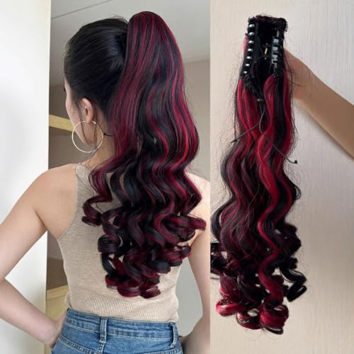 FUIBEJAE Pferdeschwanz Verlängerung Klaue 22Zoll lockig gewellt Clip in Haarteil Pferdeschwanz Haarverlängerungen Langer Pony Schwanz Synthetisch für Frauen Asche Schwarz Mix Rot﻿ von FUIBEJAE