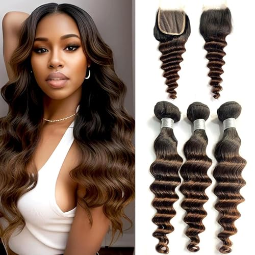 FUIBEJAE T1B/2/4 Bundles Ombre Loose Deep Wave Echthaar Bundles Gradient Color Curly Wave 3Bundles Brazilian Human Hair und 4X4 Free Part Lace Closure für schwarze Frauen,12 14 16+12 inch von FUIBEJAE