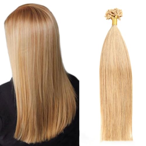 FUIBEJAE U-Tip Echthaarverlängerungen #16 Gelb Braun Keratin Nagel Spitze Haarverlängerung Keine Spur Seidig Glatt Brasilianisches Remy Haar für Frauen, 50G100 Strähnen,22inch von FUIBEJAE