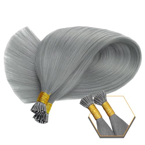 I Tip Haarverlängerungen aus echtem Haar, Gold 18 Zoll 50G/50S, Itip Echthaarverlängerung Remy Haarverlängerungen natürliche glatte Tipp-Haarverlängerungen für Frauen,Grey 65cm von FUIBEJAE