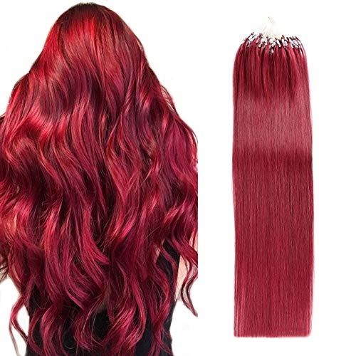 Micro Link Echthaarverlängerungen Micro Ring Loop Remy Haar Fischlinie Natürliche Gerade Keine Spur Echthaarverlängerung Für Frauen Und Mädchen 50G 100 Strähnen,Wine red,22inch (55cm) von FUIBEJAE