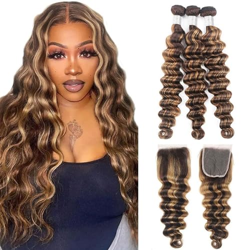 P4/27 Bundles Ombre Loose Deep Wave Echthaar Bundles Curly Wave 3Bundles Brasilianisches Echthaar und 4X4 Free Part Lace Closure für schwarze Frauen (12 14 16 12) Zoll,20 22 24+20 inch von FUIBEJAE