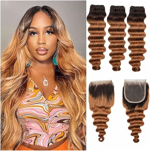 T4/30 Bundles Ombre Loose Deep Wave Echthaar Bundles Braun Curly Wave 3Bundles Brasilianisches 4X4 Free Part Lace Closure für schwarze Frauen (14 16 18 14) Zoll,14 16 18+14 inch von FUIBEJAE
