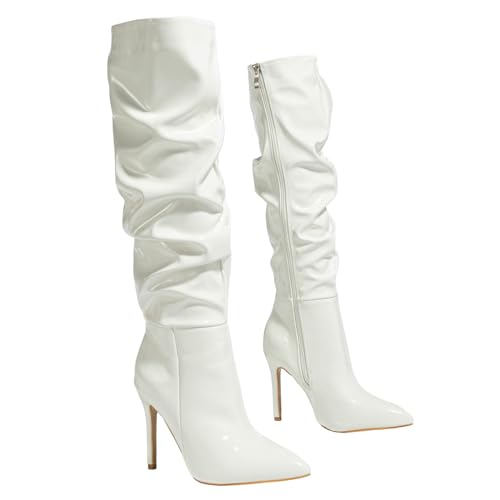 FUIPOT Kniehohe Stiefel Frauen Spitze Spitze Stiletto Oberschenkelhohe Stiefel Lackleder Sexy Leder Hochhackige Stiefel Kleid Hohe Stiefel Over The Knee Stiefel,White patent leather,38 EU von FUIPOT