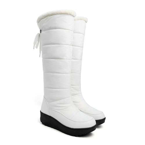 FUIPOT Schneestiefel mit Keilabsatz und Schnürung, Stiefel mit runder Zehenpartie, Schlupfstiefel bis zur Mitte der Wade, kurzes Plüschfutter mit flauschigem Rand, Lange Stiefel,Weiß,38 EU von FUIPOT