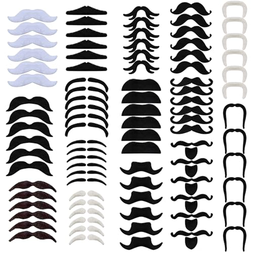 FUIPVG 96 Stücke Fake Bart, Lustiger Bart, Gefälschte Bärte Schnurrbärte, Halloween Lustige Bart, Kostüm Gesichtsbart Zubehör mit Verstellbarem, für Räuber Weihnachtsfeie Party Cosplay (Mehrfarbig) von FUIPVGI