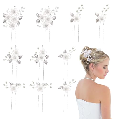 FUIPVGI 10 Stücke Haarnadeln für Braut Haarspange Blume Braut Haarspangen Rhinestone Haarclips Hochzeit Haarnadeln mit Perlen für Hochzeit Haarschmuck Kommunion Mädchen Hairpin(Silber) von FUIPVGI