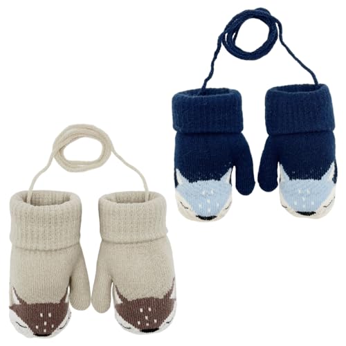 FUIPVGI 2 Paar Baby Winter Handschuhe, Cartoon Kinder Winter Handschuhe Fäustlinge, Warm Strickhandschuh Handschuhe mit Schlüsselband für 0-3 Jahre Mädchen Junge (2 Farben) von FUIPVGI