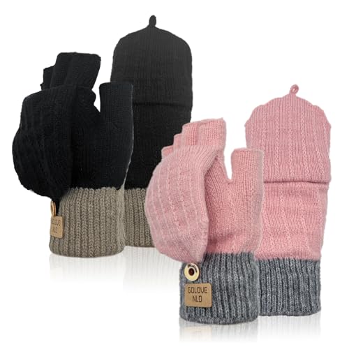 FUIPVGI 2 Paar Fingerlos Handschuhe mit Kappe, Winterhandschuhe Touchscreen Handschuhe Strick Fingerhandschuhe mit Flip, Halbfinger Fäustlinge, für Skifahren Radfahren für Damen Herren (Schwarz, Rosa) von FUIPVGI
