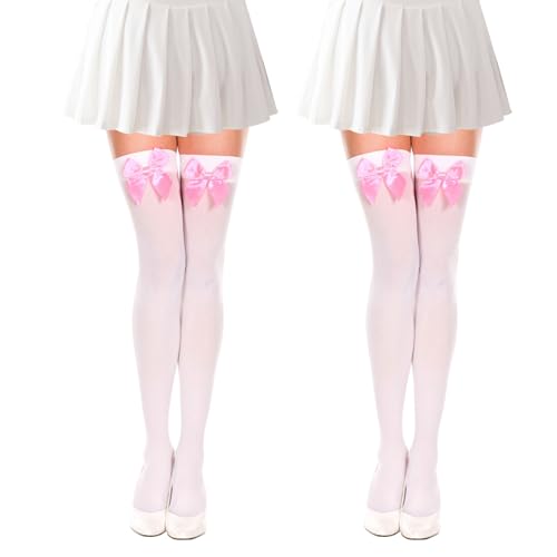 FUIPVGI 2 Paar Satin Bogen Strümpfe Mit Schleife, Overknees Damen, Undurchsichtig Oberschenkel Hohe Socken, Knee High Socks, Einheitsgröße (Weiß) von FUIPVGI