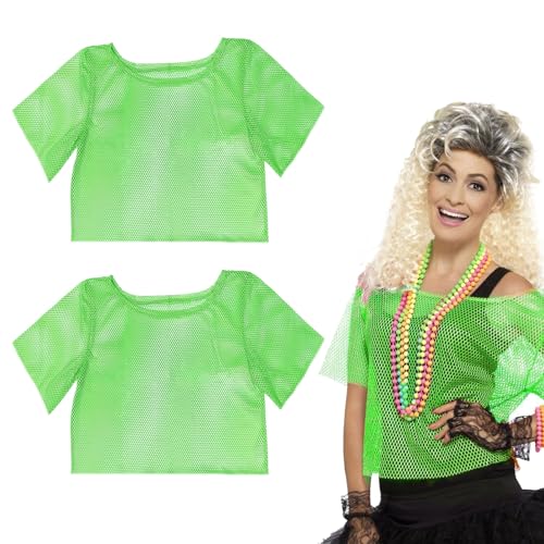 FUIPVGI 2 Pack 80er Jahre Neon Fischnetz Tops für Frauen Mädchen Neon Fischnetz Off Shoulder T-Shirt 80er Jahre Neon Fasching Kostüm Zubehör 80er Jahre Retro Top Damen Disco Retro Outfit Kostüm, grün, von FUIPVGI