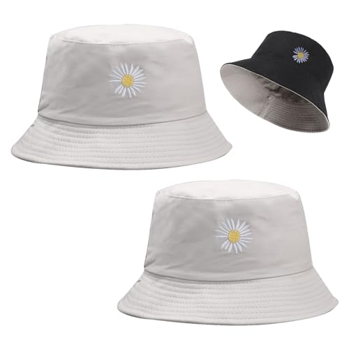 FUIPVGI 2 Stück Fischerhüte,Doppelseitig zu Tragende Sonnenhüte,Gänseblümchen-Stickerei,Wendbare,Atmungsaktive Baumwoll-Strandkappe,Faltbarer Doppelseitiger Hut für Mädchen Einkaufen Wandern(2 Stück) von FUIPVGI