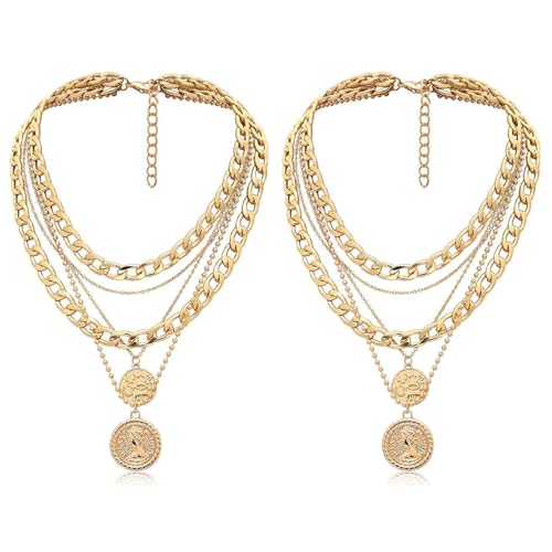 FUIPVGI 2 Stück Punk Chunky Kettenkette layering kette gold, Cool Punk Chunky Kette Erklärung Halskette Übertrieben Geschichtete Kubanische Gliederkette Anhänger Layered Choker für Frauen Mädchen von FUIPVGI