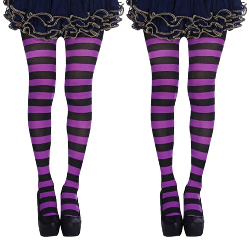 FUIPVGI 2 Stücke Blickdichte Ringel Strümpfhose, bunte Strumpfhose mit Streifen, Bunte Strumpfhose mit Streifen, Strumpfhose für Partys, Performances, Tänze, Halloween, Cosplay (Violett, Schwarz) von FUIPVGI