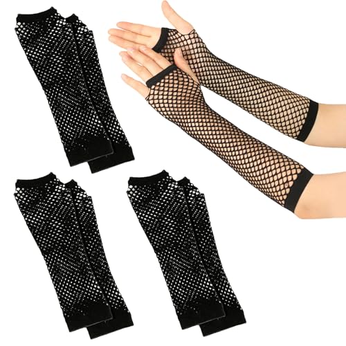FUIPVGI 3 Paar Fingerlose Netzhandschuhe, Fischnetz Handschuhe, Netz Mesh Handschuhe, Damen Lang Abendhandschuhe, Netzhandschuhe für 80er Jahre Verkleidung Kostüm Party Lieferungen Karneval (Schwarz) von FUIPVGI