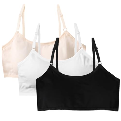 FUIPVGI 3 Stück Mädchen Sport BHS Bustier Teens Unterwäsche, Bustier Mädchen mit Fest Gepolsterte und Verstellbarem Schultergurt für Teenager Mädchen BH 10-16 Jahre (Schwarz,Weiß,Hautfarbe) von FUIPVGI