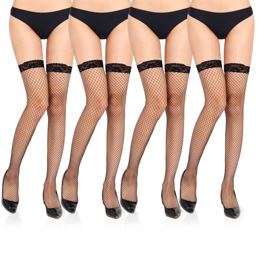 FUIPVGI 4 Paare Halterlose Strümpfe Damen mit Spitze, Hohe Oberschenkel Seidenstrümpfe mit Rutschfestem Silicone für Halloween Cosplay Party (Schwarz) von FUIPVGI